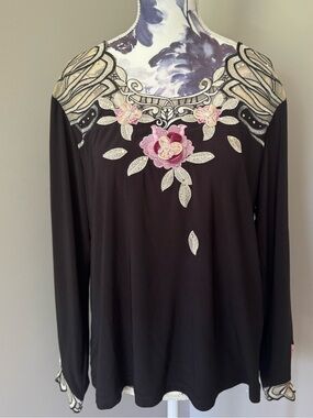 Y2K Embroidered Floral Appliqué Black Long Sleeve Top